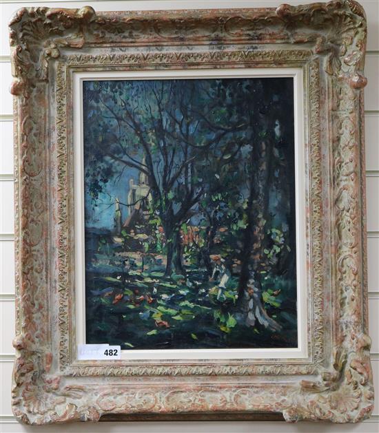 Carter 1929, oil on board, View of a church, signed and dated 1929, 44 x 34cm.
